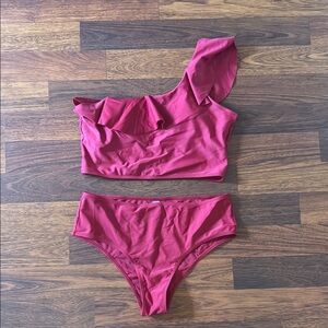 One-Shoulder Ruffle Bikini Set in burgundy